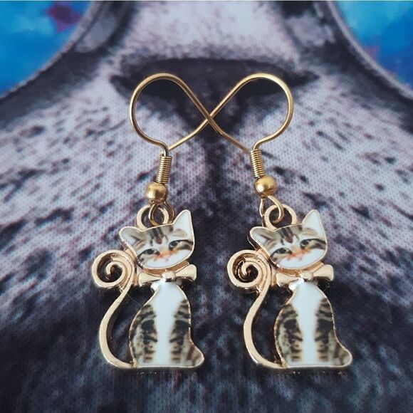 Kitty Cat Tabby Small Bow Dangling Hook Earrings - Picture 5 of 5